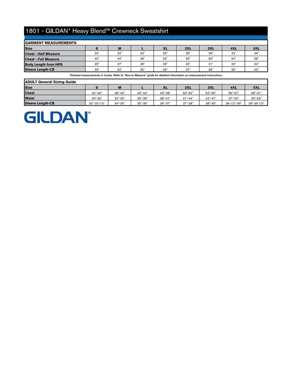 Adult Crewneck Sweatshirt Size Chart