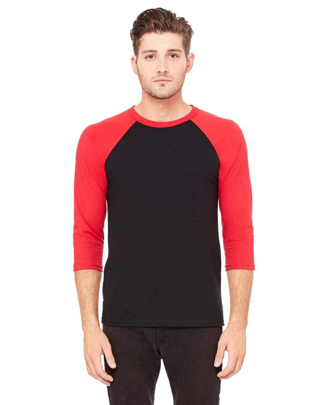 unisex 3 4 sleeve baseball t shirt BLACK/ RED