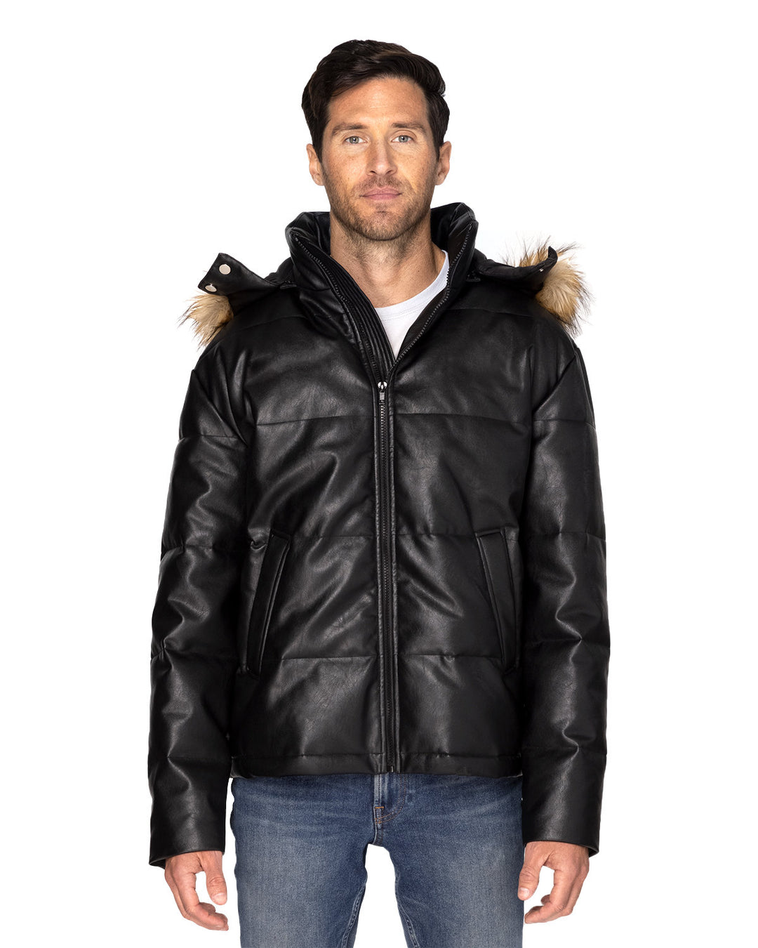 unisex vegan leather puffer jacket BLACK VEGAN LTHR