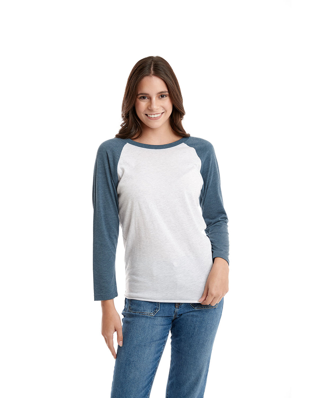 unisex triblend 3 4 sleeve raglan IND/ HTHR WHITE