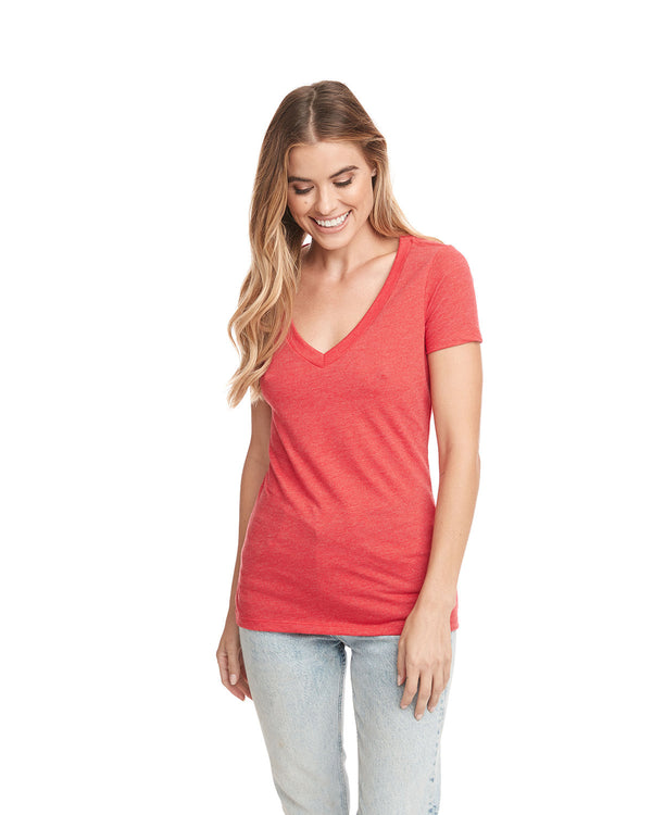 ladies cvc deep v neck t shirt RED