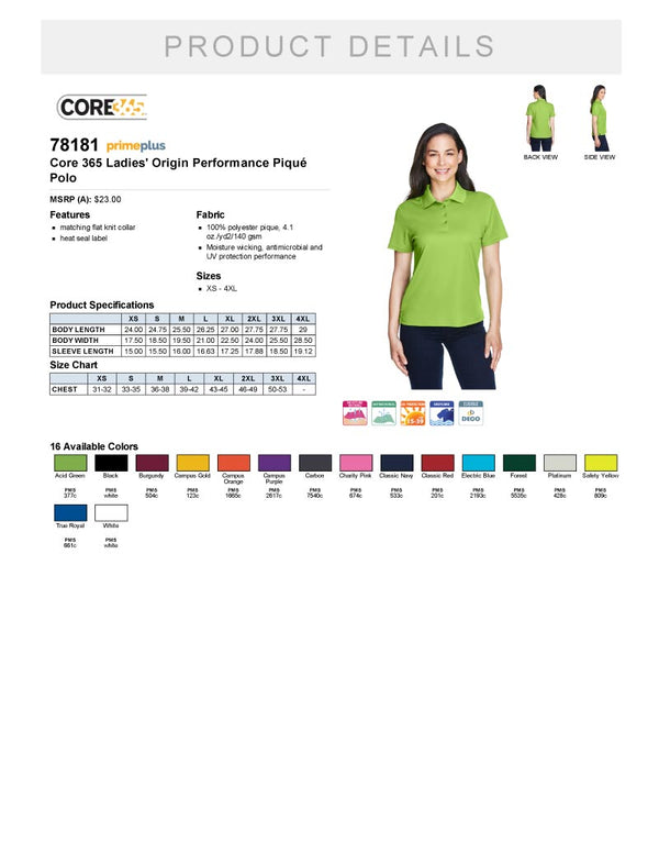 Ladies Piqué Polo Golf Shirt Product Detail Sheet