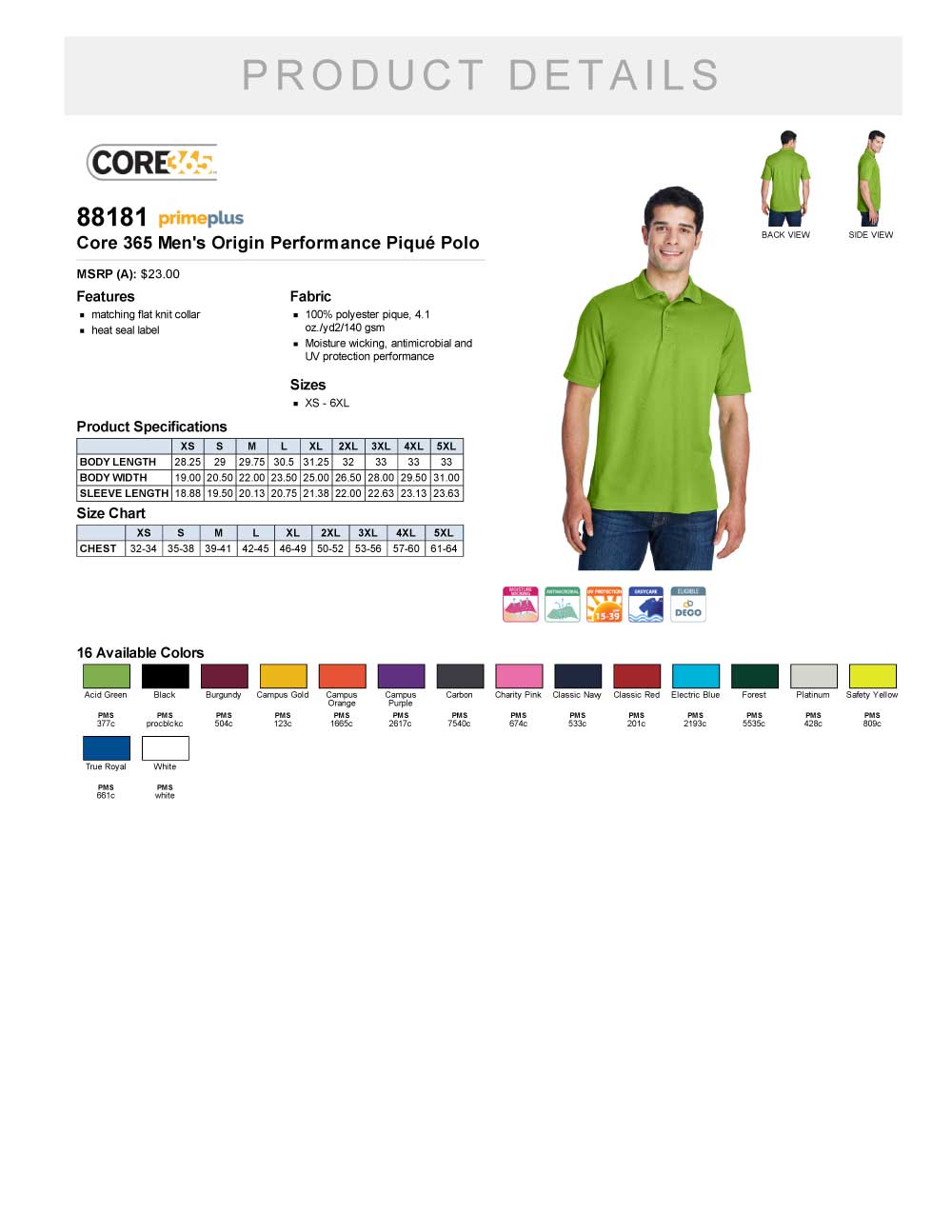 Mens Piqué Golf Shirt Product Details Sheet