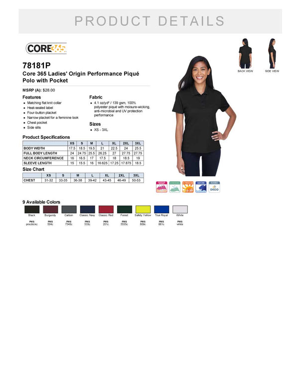 Ladies Origin Performance Piqué Polo With Pocket Product Detail Sheet