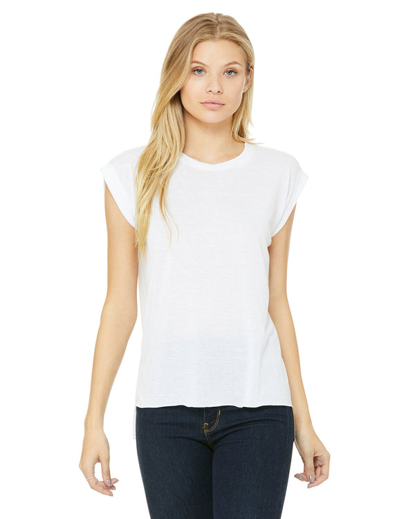 ladies flowy muscle t shirt with rolled cuff WHITE