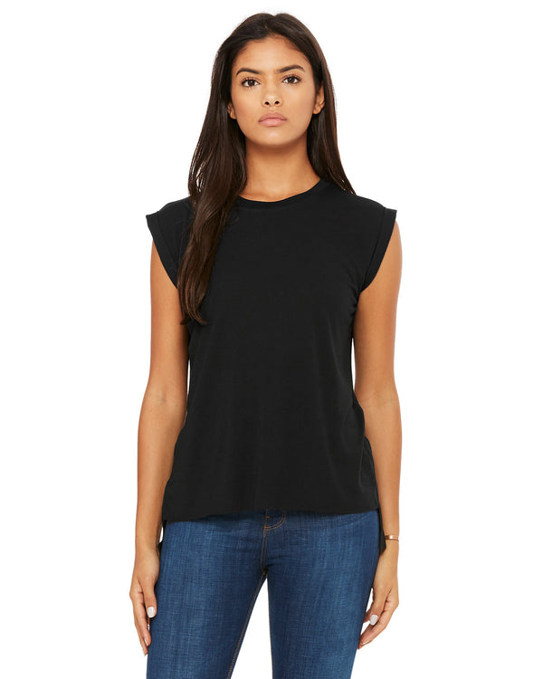 ladies flowy muscle t shirt with rolled cuff BLACK
