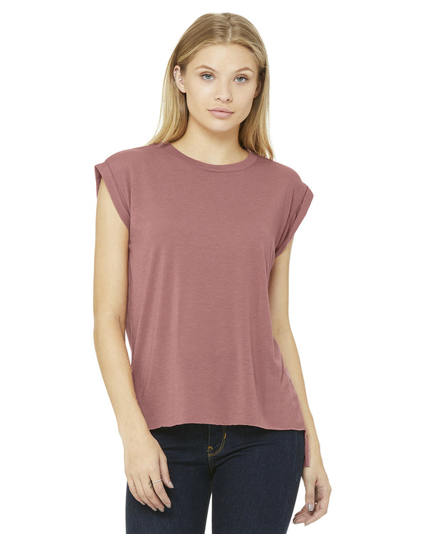 ladies flowy muscle t shirt with rolled cuff MAUVE