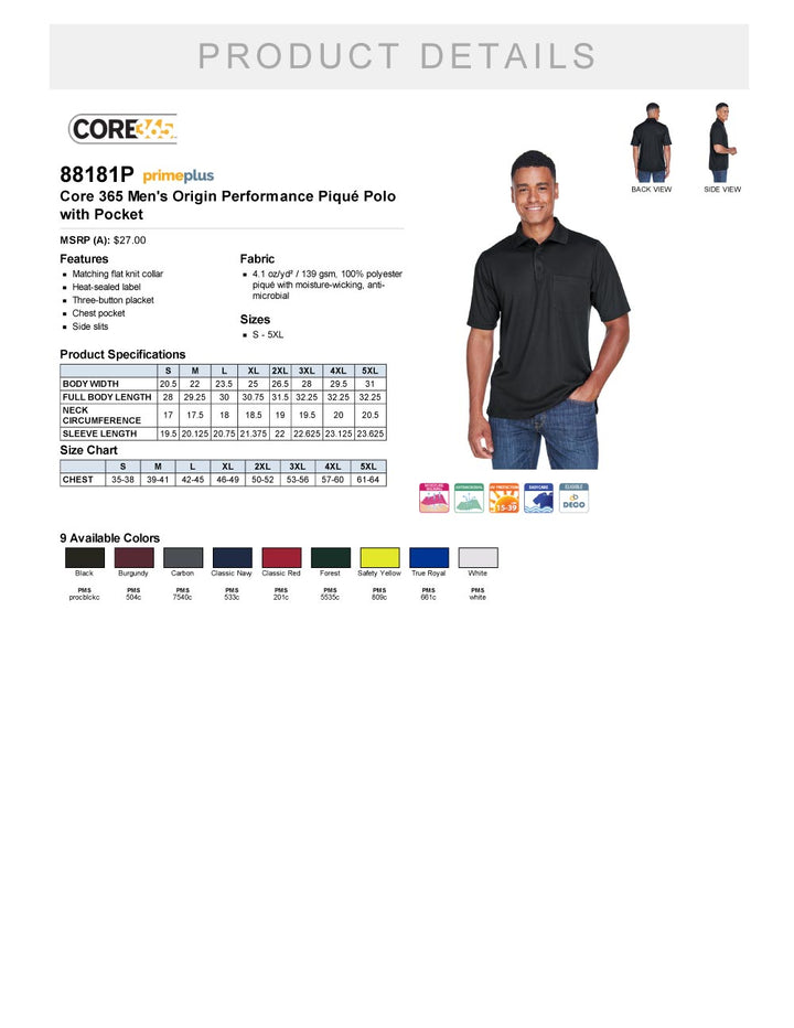 Adult Piqué Polo Golf Shirt With Pocket Product Detail Sheet