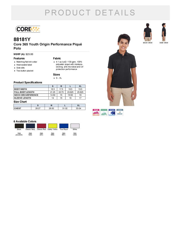 Youth Piqué Polo Golf Shirt Product Detail Sheet