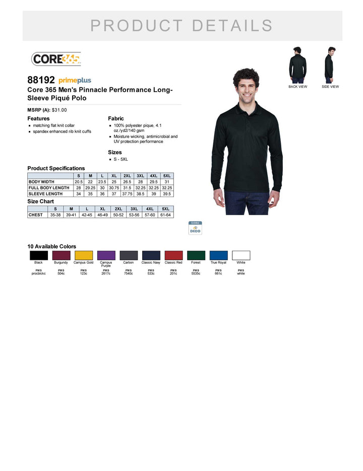 Adult Long Sleeve Piqué Polo Product Details Sheet