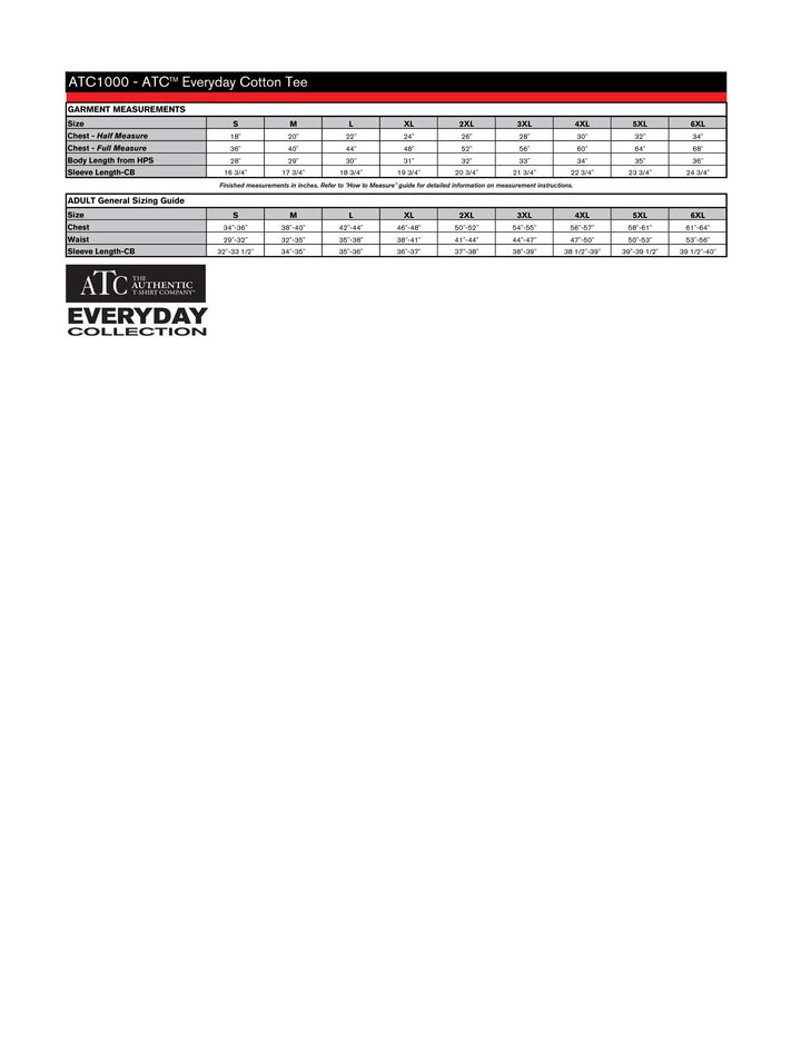 Adult Cotton T-Shirt Size Chart