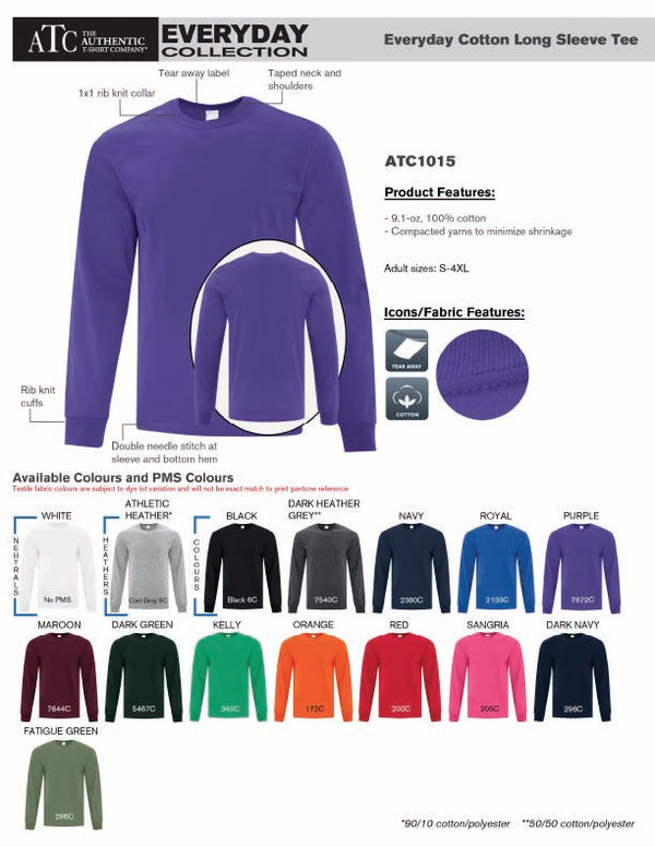 Adult Long Sleeve Cotton T-Shirt Product Features Sheet