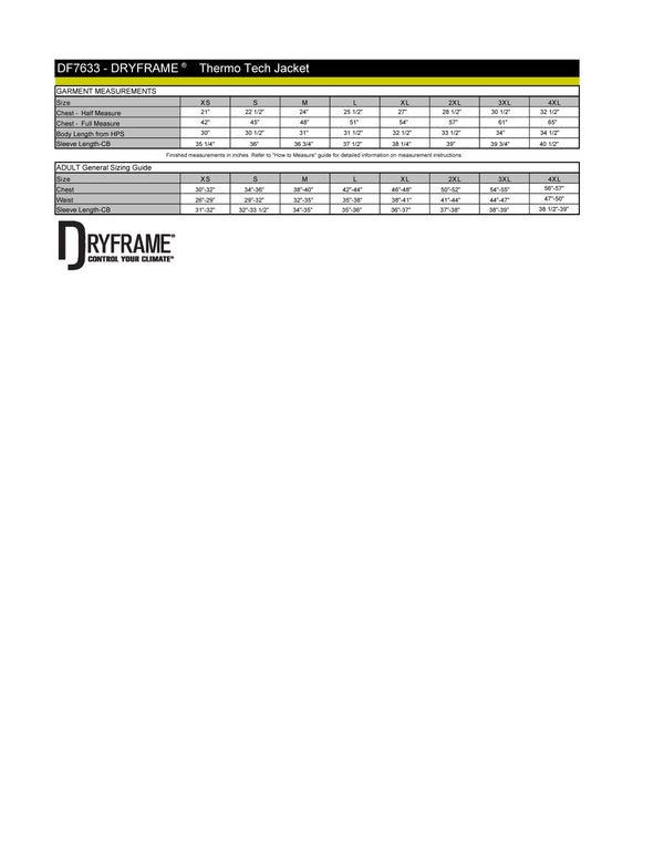 Adult DryFrame® Thermo Tech Jacket Size Chart