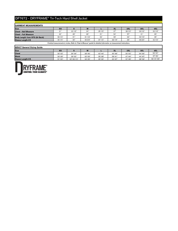 Adult DryFrame® Tri-Tech Hard Shell Jacket Size Chart