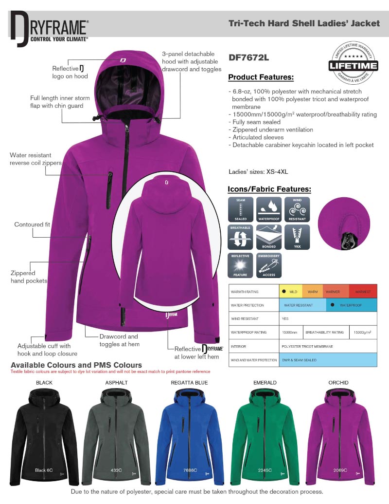 Ladies DryFrame Tri-Tech Hard Shell Jacket - DF7672L