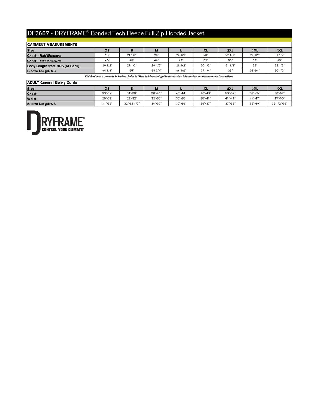 Fleece Full Zipped Hooded Jacket Size Chart