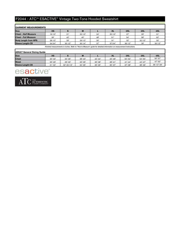 Adult Two Toned Fleece Hoodie Size Chart