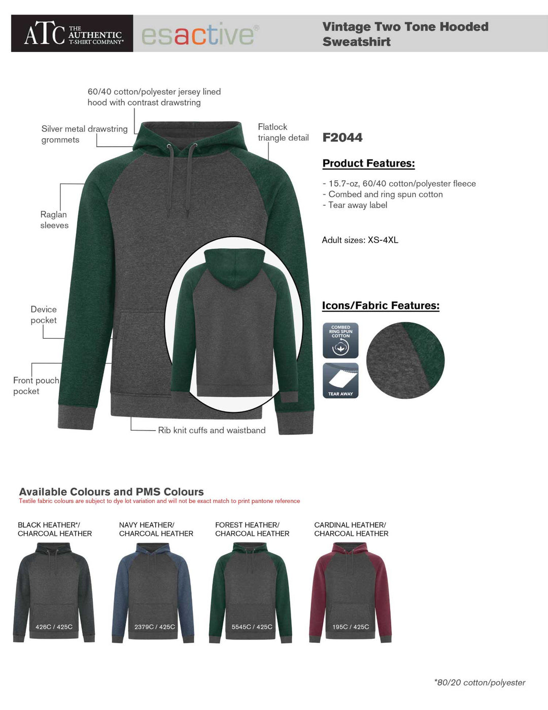 Adult Two Toned Fleece Hoodie Product Details Sheet