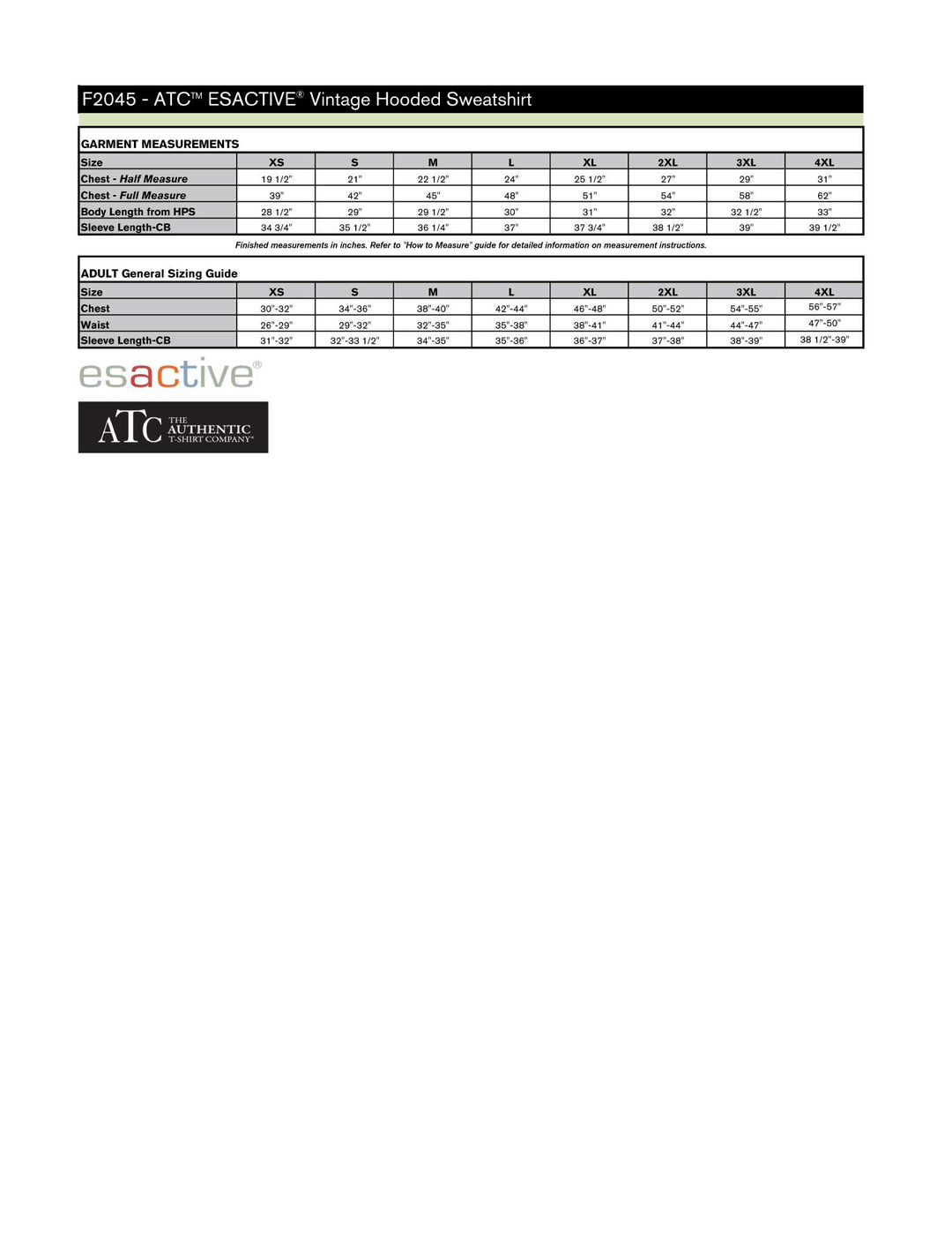 Adult Vintage Hoodie Size Chart