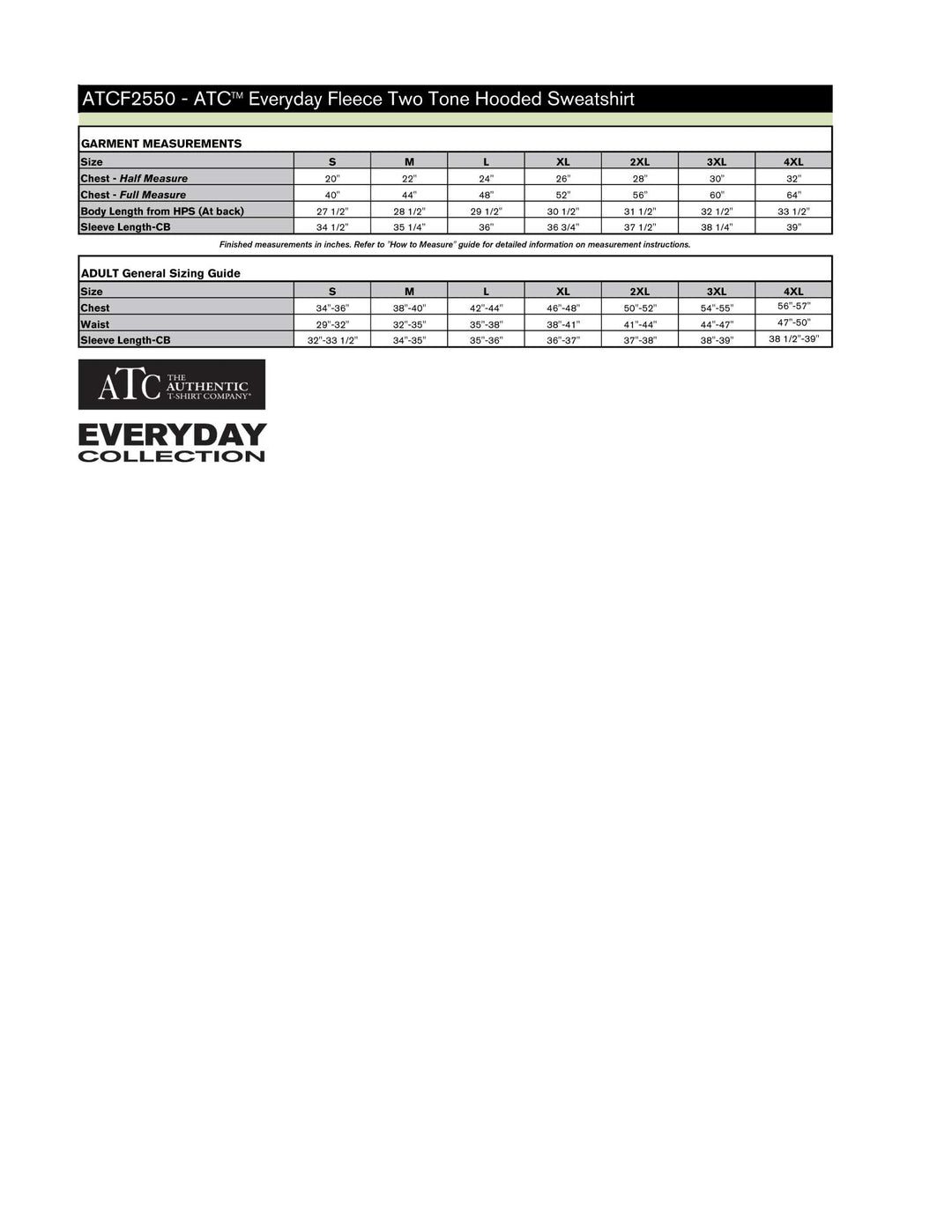 Hooded Sweatshirt Size Chart