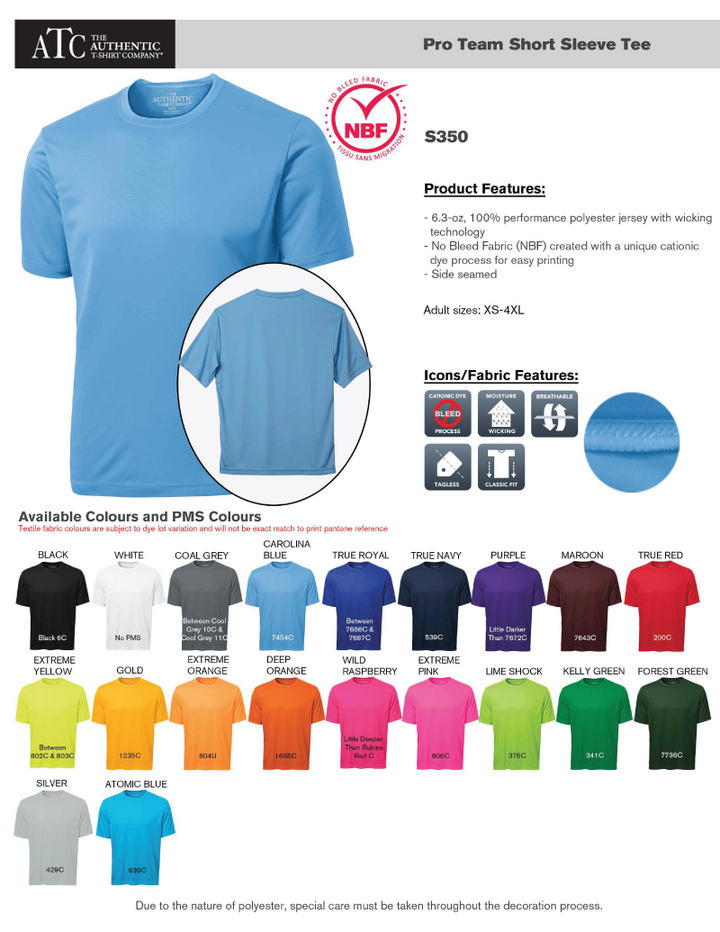 Adult Pro Team Poly Short Sleeve T-shirt Product Detail Sheet