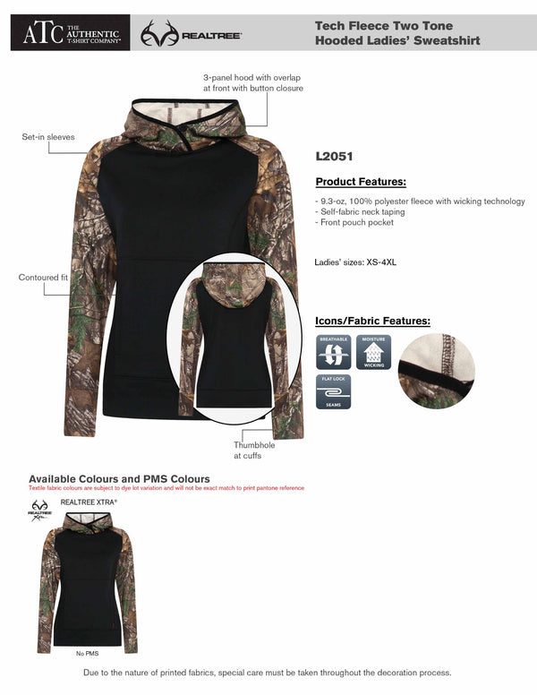 Camo Ladies Fleece Two Tone Hooded Sweatshirt Product Features Sheet