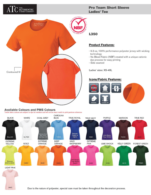 Ladies Pro Team Short Sleeve Poly T-Shirt Product Feature Sheet