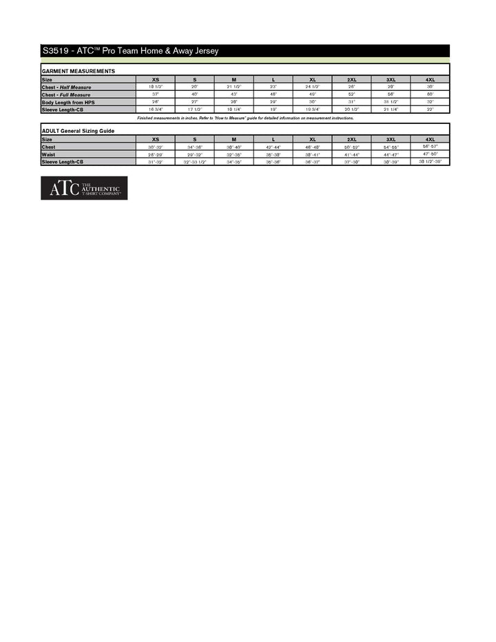 Adult Poly Soccer/Baseball Team Jersey Size Chart