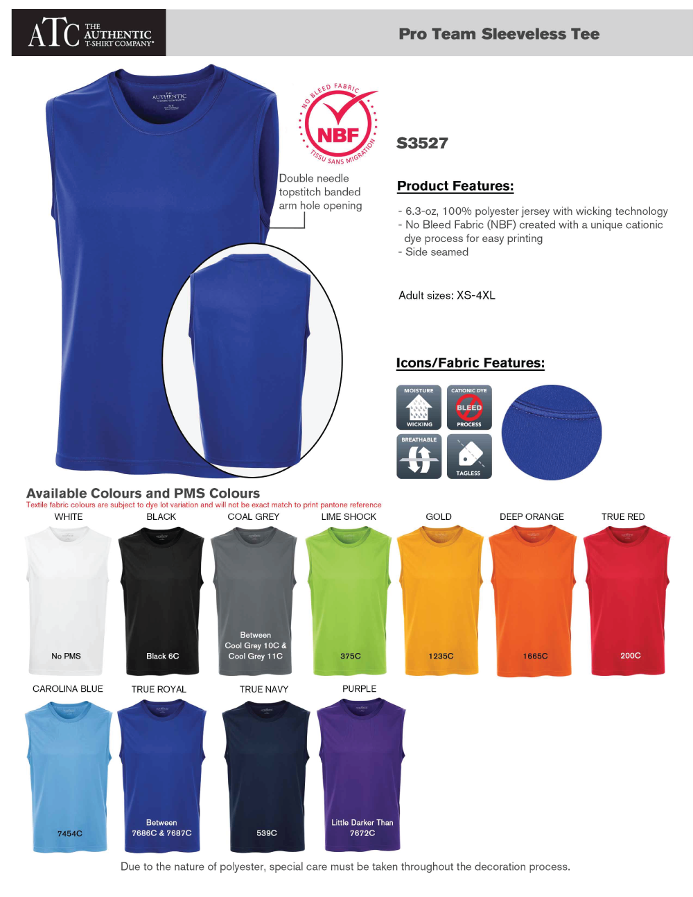 Adult Pro Team 100% Poly Sleeveless T-Shirt Product  Detail Sheet