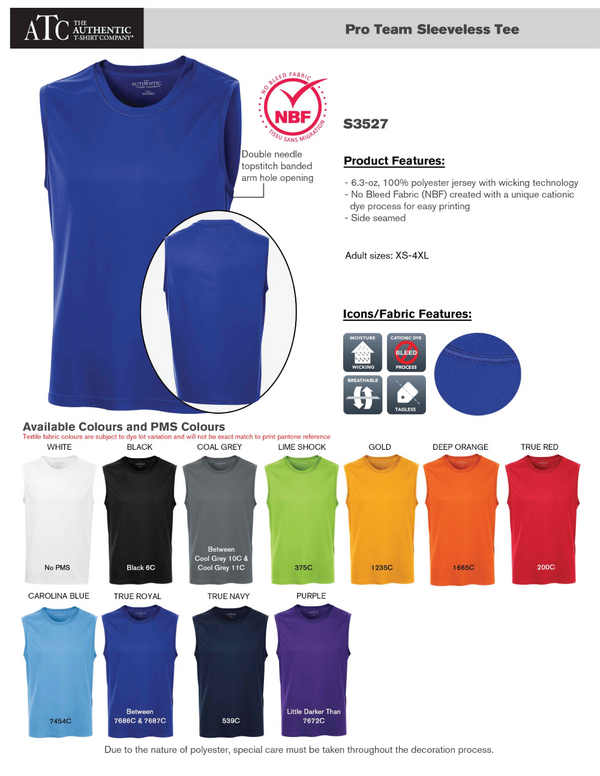 Adult Pro Team 100% Poly Sleeveless T-Shirt Product  Detail Sheet