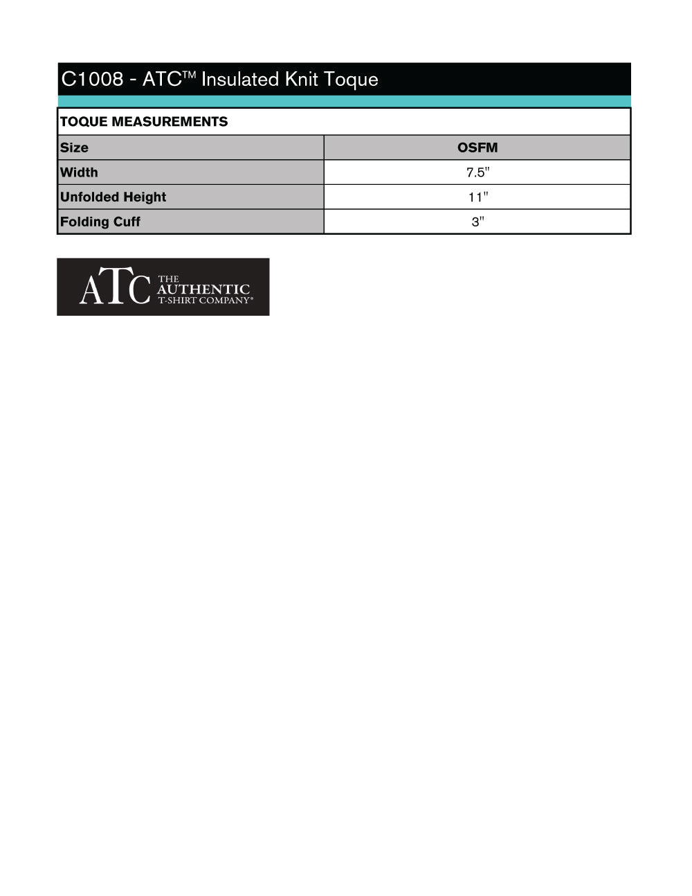 Insulated Knit Toque Size Chart