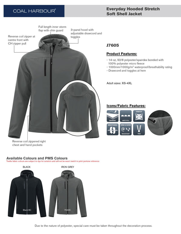 Adult Hooded Stretch Soft Shell Jacket Product Features Sheet