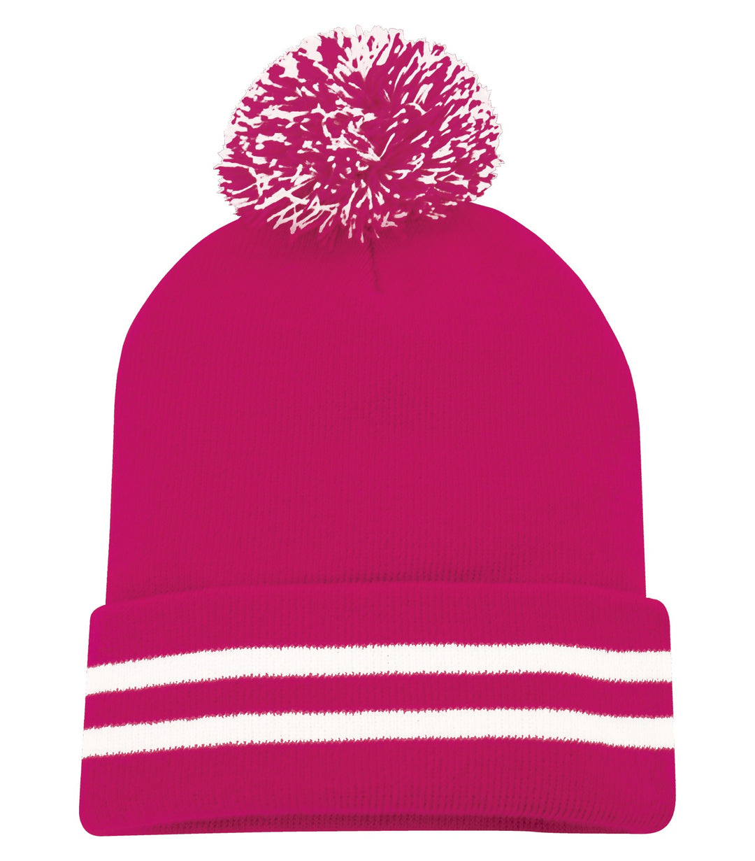 Raspberry/White Cuff Pom Pom Toque