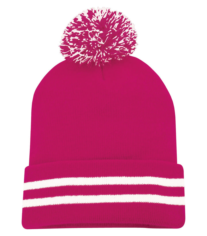 Raspberry/White Cuff Pom Pom Toque