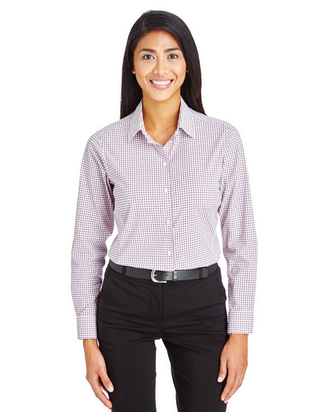 crownlux performance ladies micro windowpane shirt BURGUNDY/ WHITE