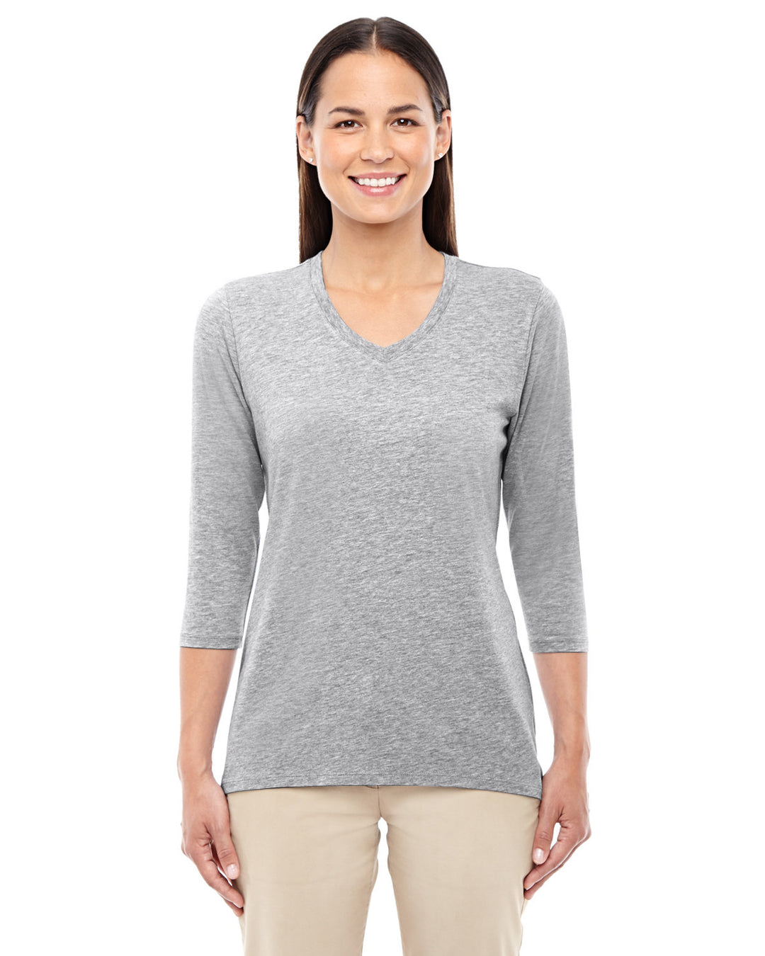 ladies perfect fit bracelet length v neck top GREY HEATHER