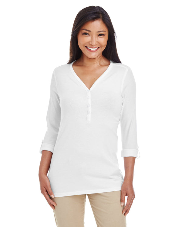 ladies perfect fit y placket convertible sleeve knit top WHITE