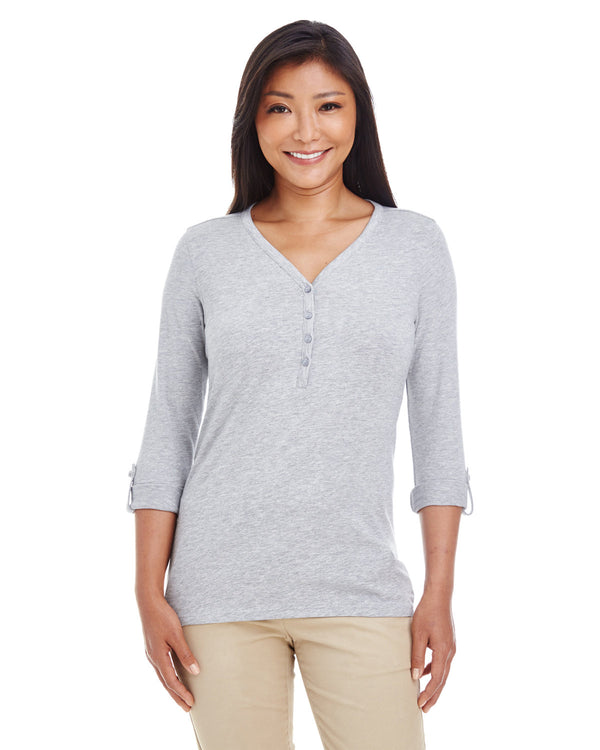ladies perfect fit y placket convertible sleeve knit top GREY HEATHER