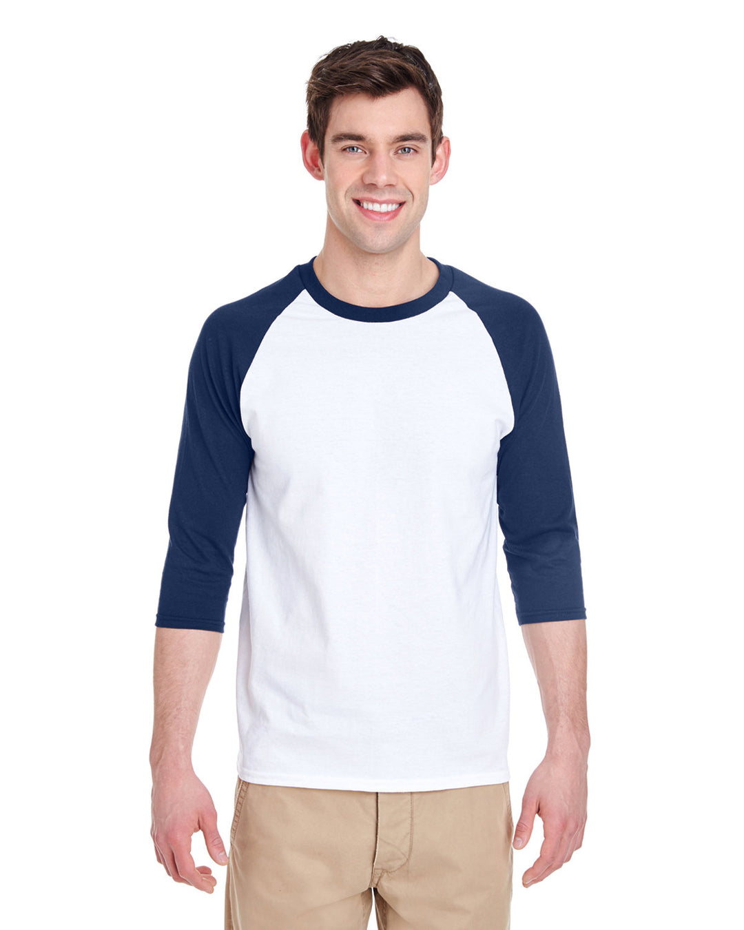 adult heavy cotton 3 4 raglan sleeve t shirt WHITE/ ROYAL