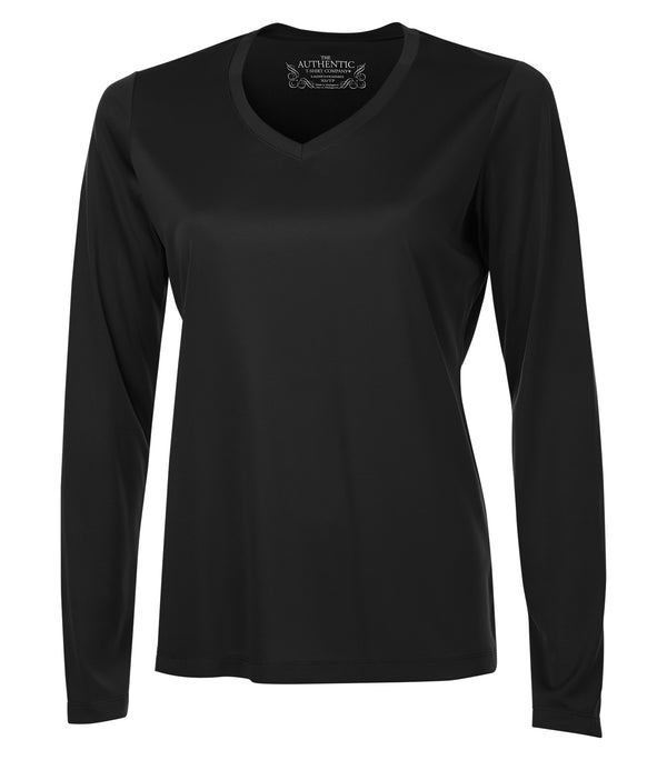 Black Ladies V Neck Long Sleeve Poly T-Shirt