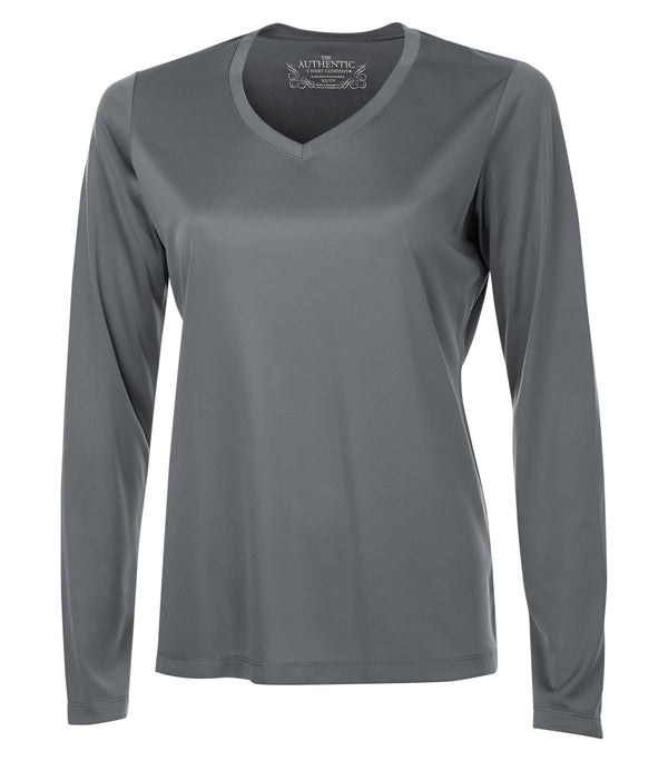 Coal Grey Ladies V Neck Long Sleeve Poly T-Shirt