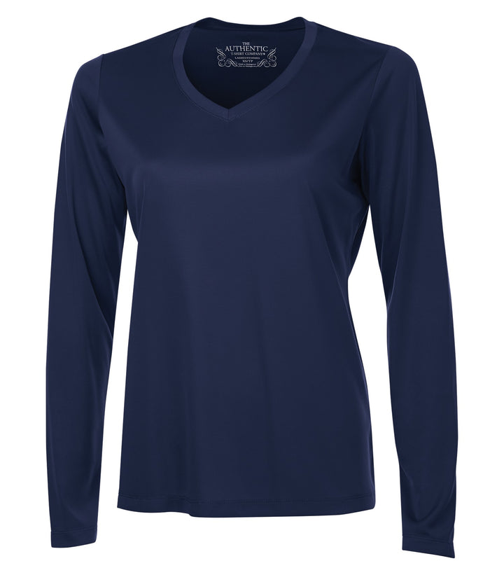 True Navy Ladies V Neck Long Sleeve Poly T-Shirt