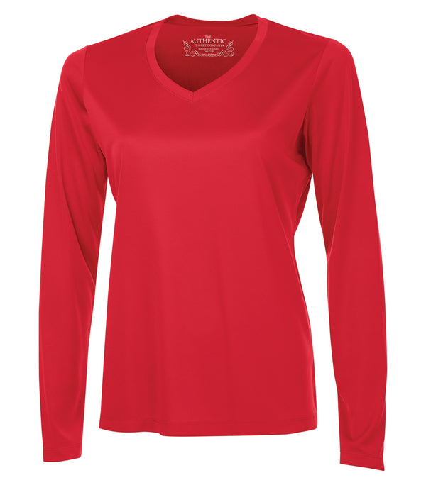 True Red Ladies V Neck Long Sleeve Poly T-Shirt