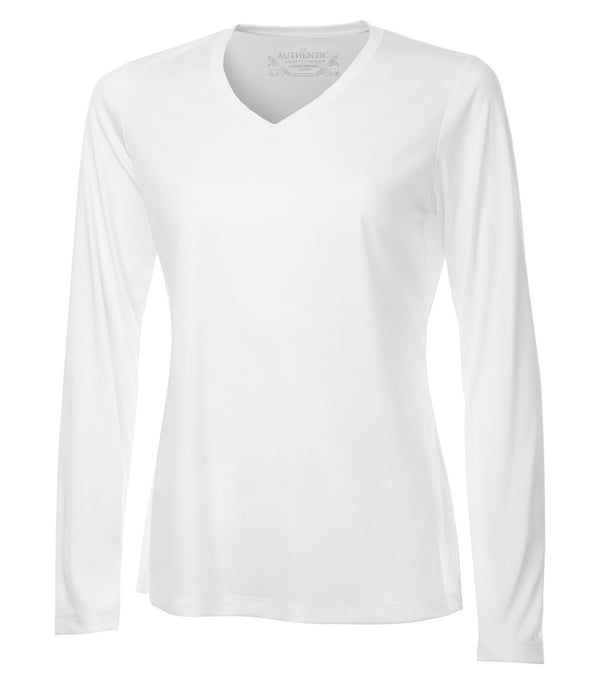 White Ladies V Neck Long Sleeve Poly T-Shirt