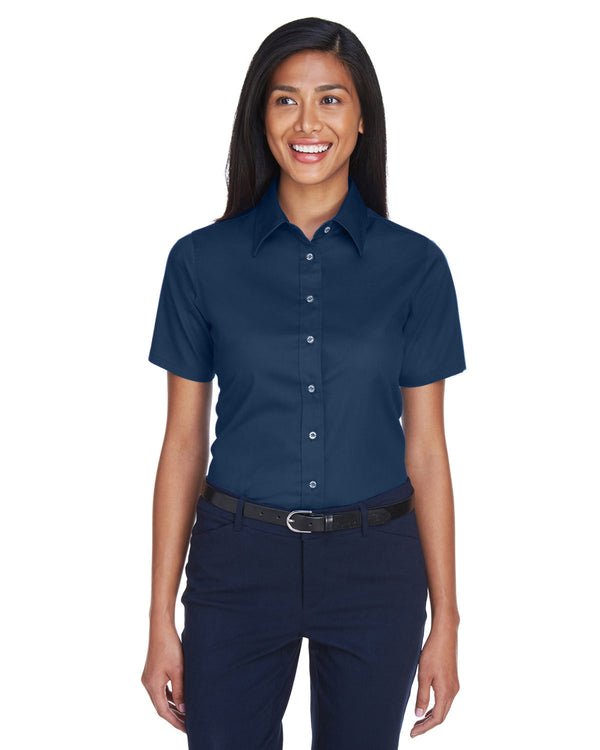 ladies easy blend short sleeve twill shirt with stain release NAVY