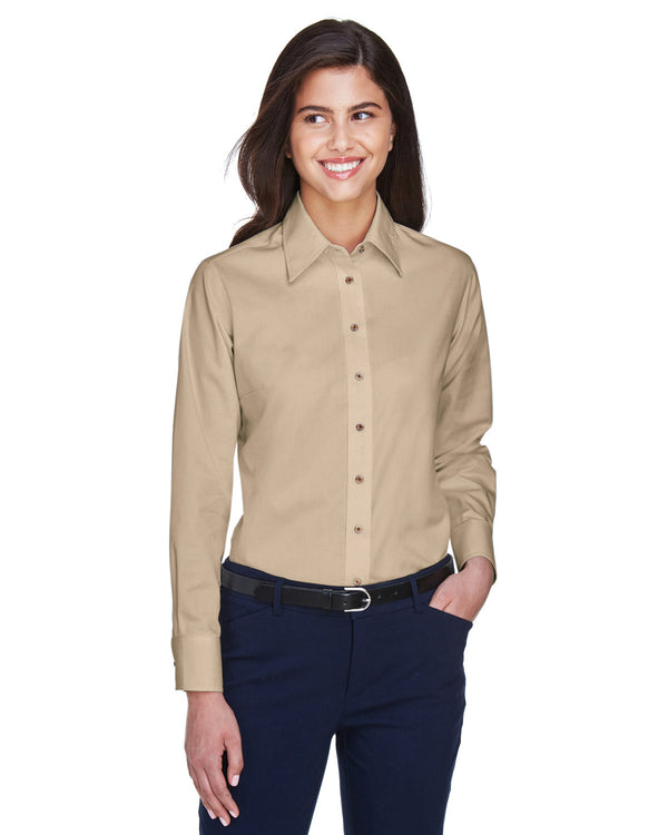 ladies easy blend long sleeve twill shirt with stain release STONE
