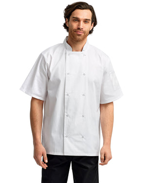 unisex studded front short sleeve chefs coat WHITE