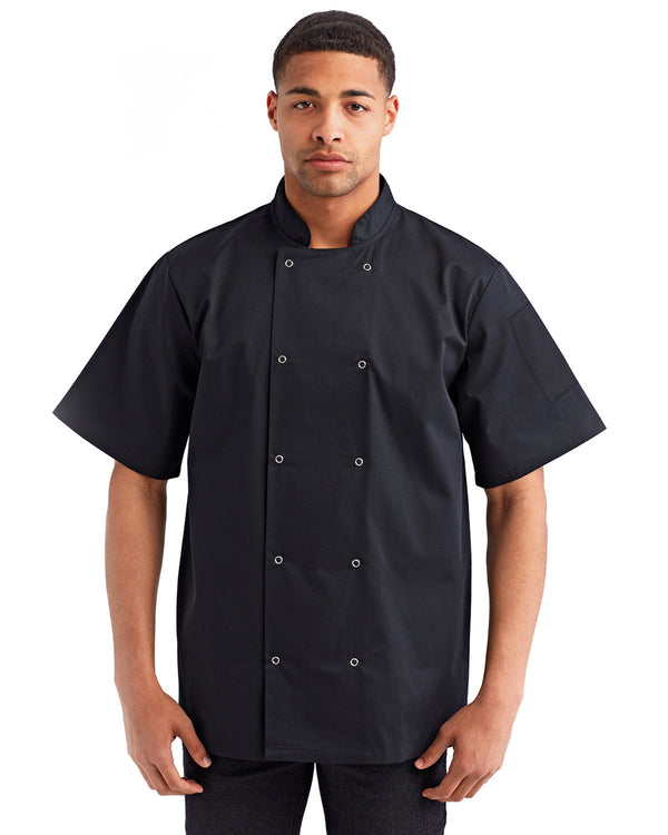 unisex studded front short sleeve chefs coat BLACK