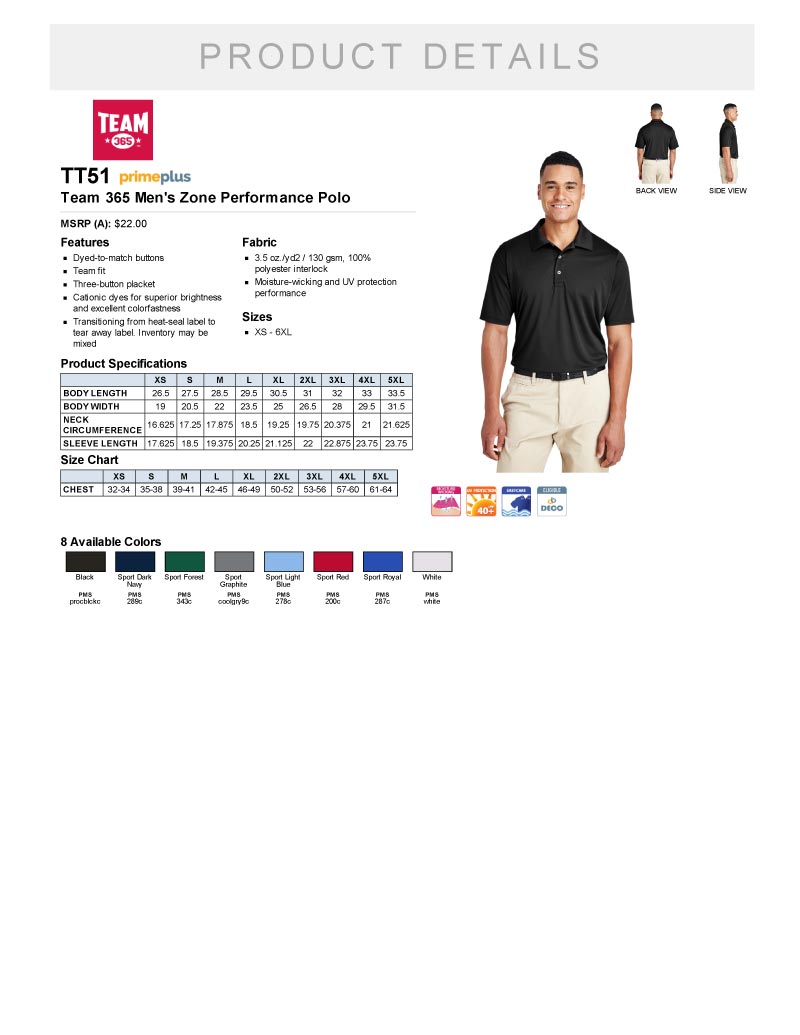 Mens Poly Golf Shirt Product Detail Sheet