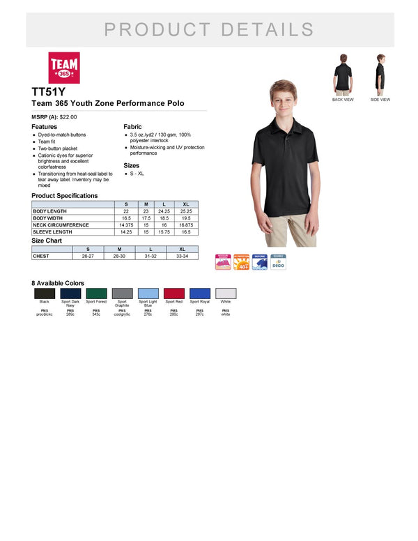 Youth Poly Golf Shirt Product Detail Sheet